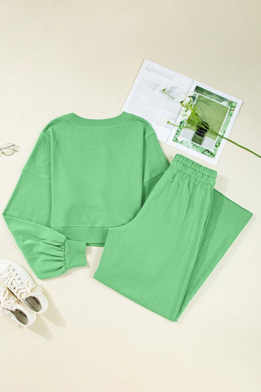 Solid Puff Sleeve Top and Drawstring Pants Set