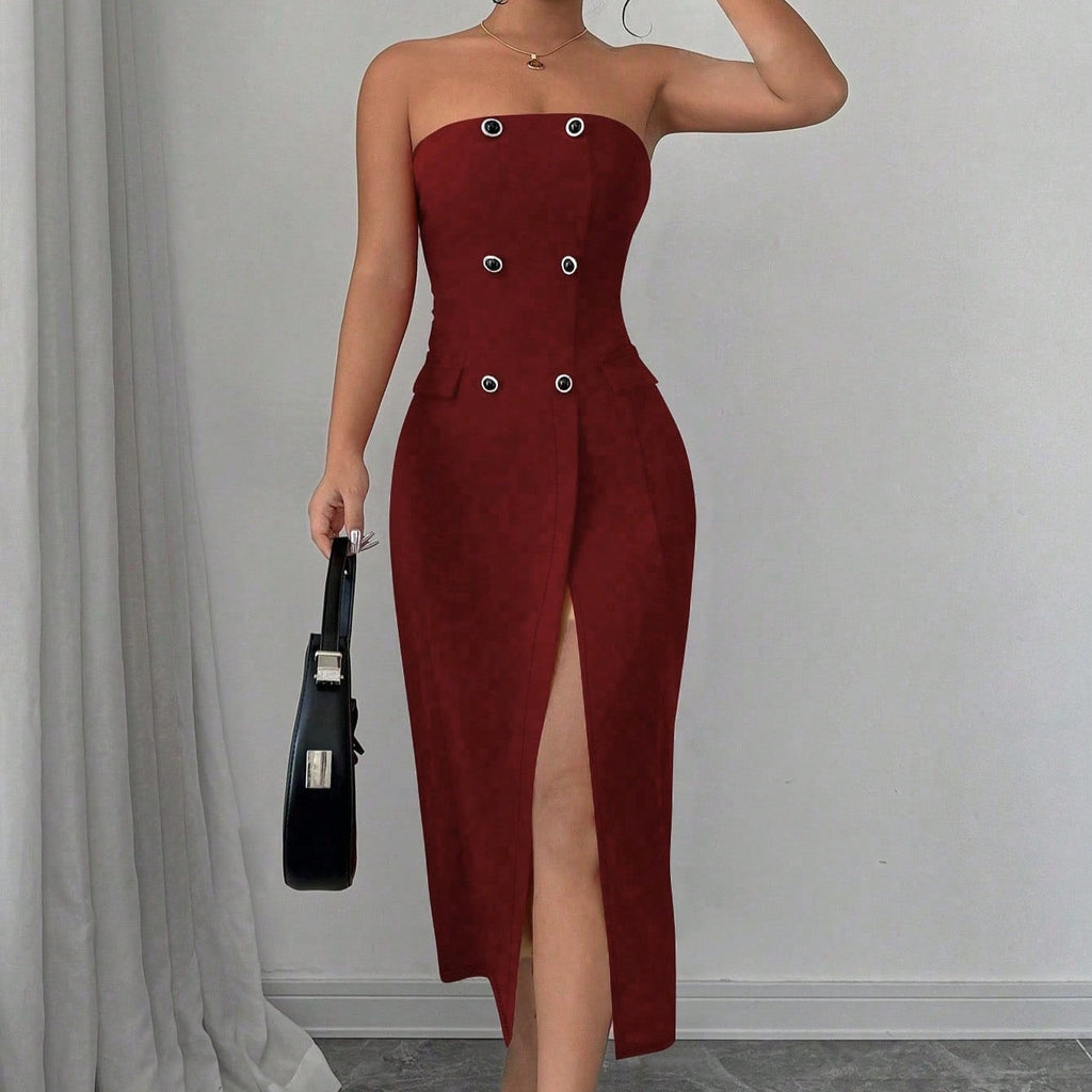Women's Solid Color Button Sleeveless Slit Slim Fit Dress