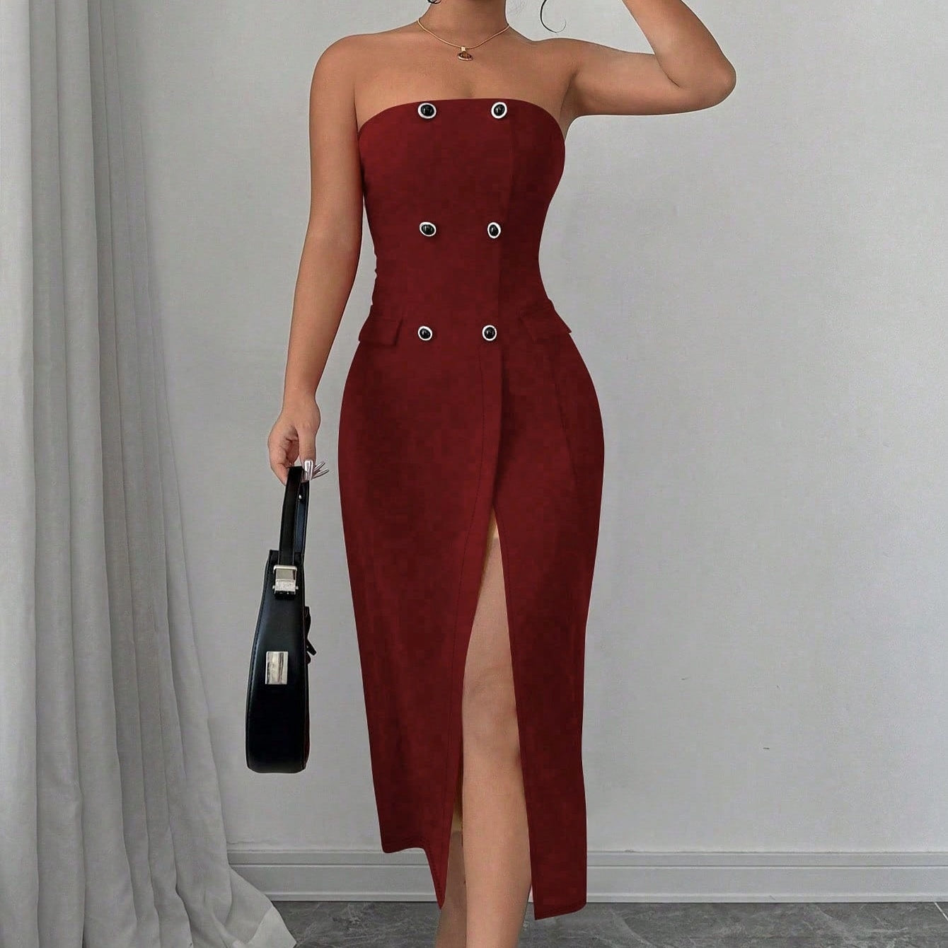 Women's Solid Color Button Sleeveless Slit Slim Fit Dress