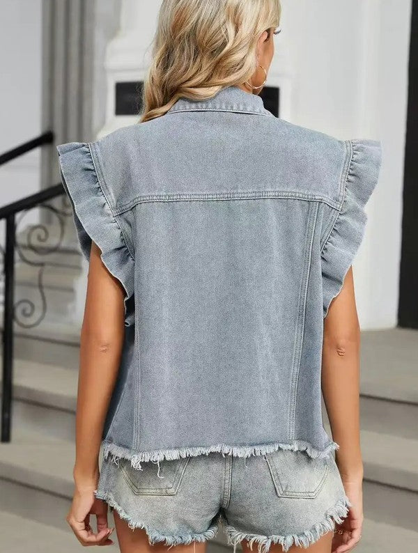 Miss Sparkling |Short Sleeve Ruffle Denim Vest
