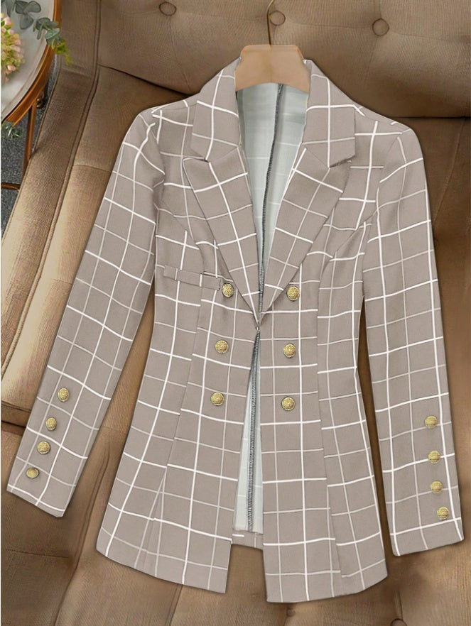 Women's Button Front Lapel Long Sleeve Plaid Casual Blazer