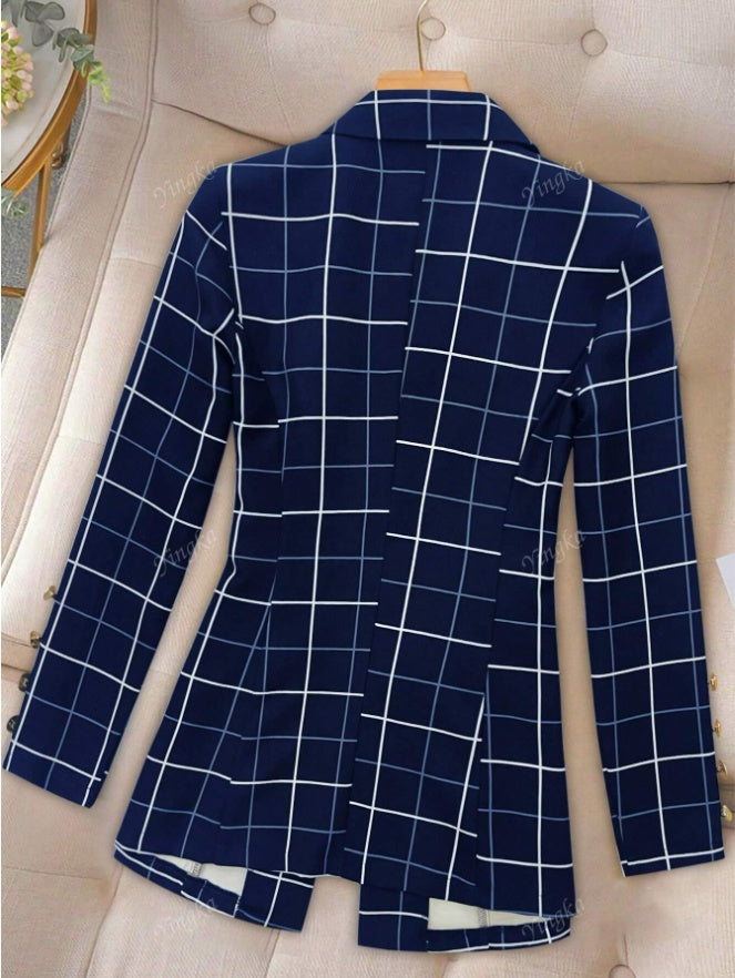 Women's Button Front Lapel Long Sleeve Plaid Casual Blazer