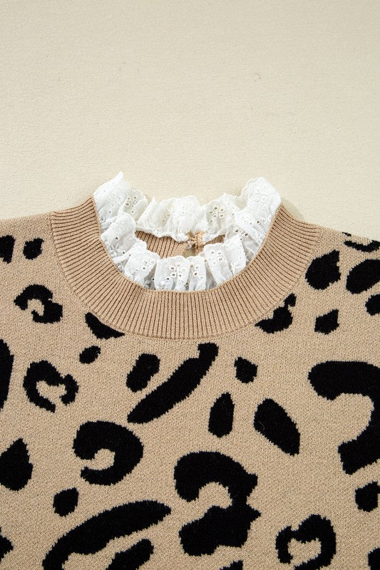 Leopard Lace Ribbed Trim Buttoned Cuff Sweater