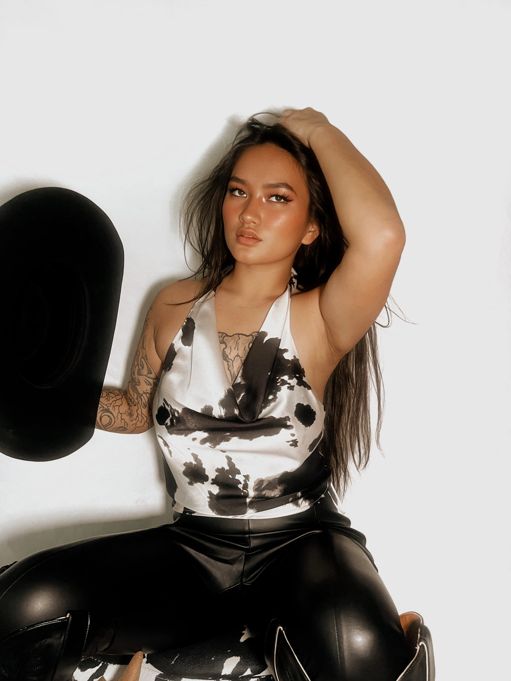 Renee C | Satin Cow Print Cowl Neck Backless Top