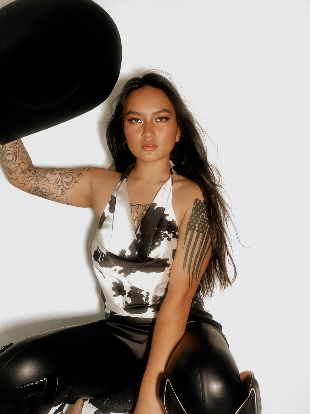 Renee C | Satin Cow Print Cowl Neck Backless Top