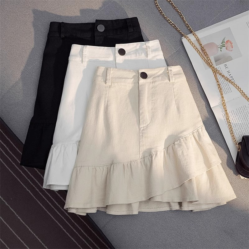Skirt White Denim Irregular Ruffles