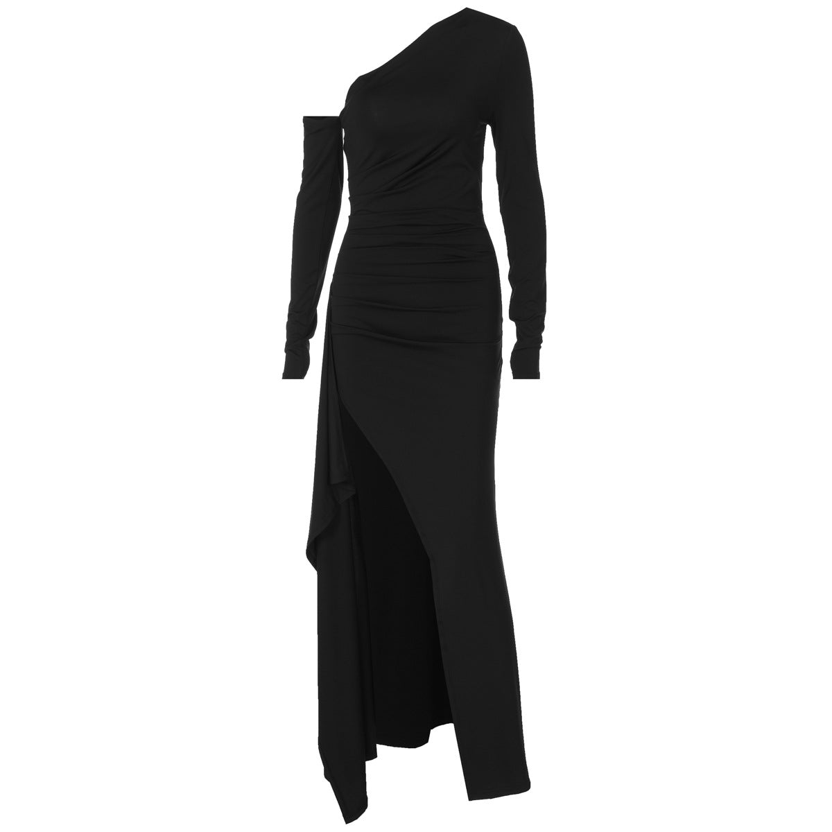 Women Autumn Sexy Diagonal Collar off the Shoulder Fitted Waist Pleated Irregular Asymmetric Slit Dress