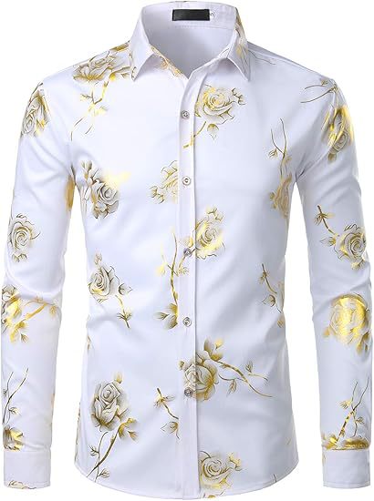 3D Golden Rose Print Slim Fit Long Sleeve Formal Wear Shirt