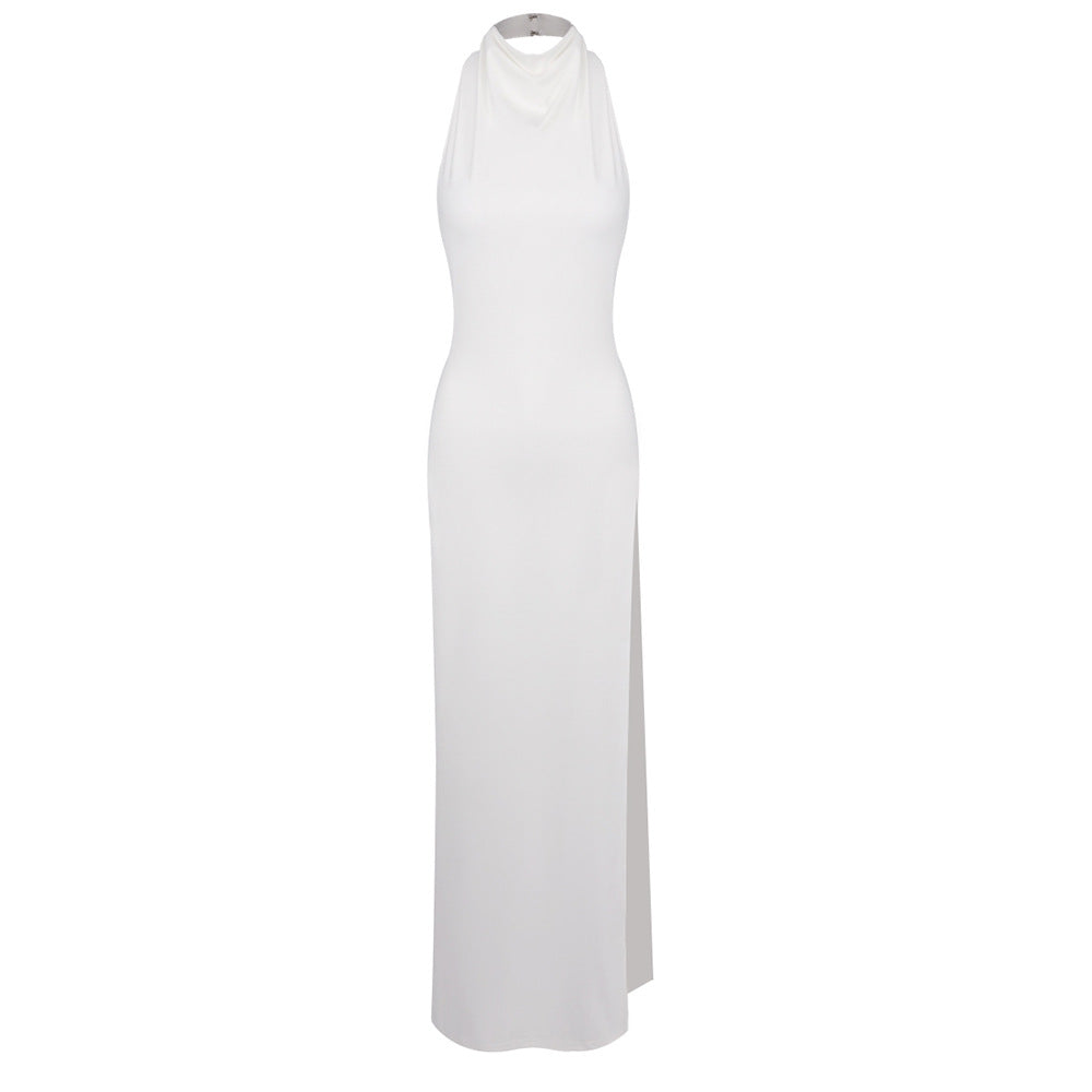 Hollowed out Halter Backless High Bifurcated Rivet Diamond Women Clothing Solid Color Dress