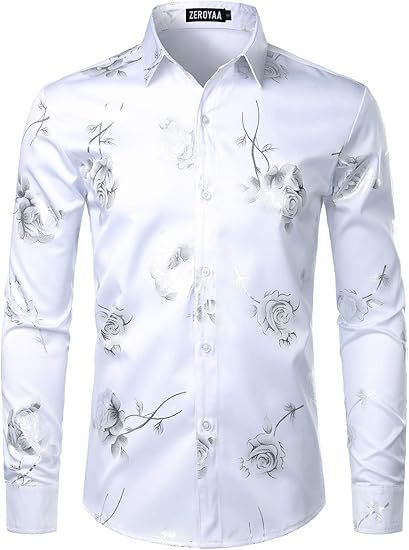 3D Golden Rose Print Slim Fit Long Sleeve Formal Wear Shirt