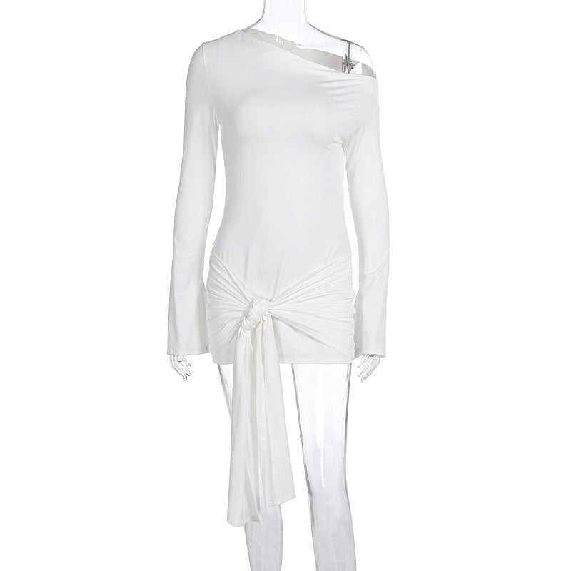 Autumn Winter Graceful Fashionable Solid Color Women Shoulder Waist Controlled Lace up Sheath Dress