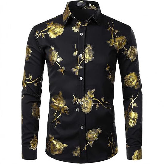 3D Golden Rose Print Slim Fit Long Sleeve Formal Wear Shirt