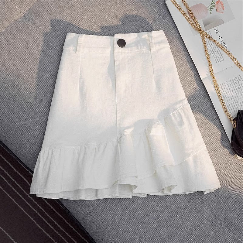Skirt White Denim Irregular Ruffles