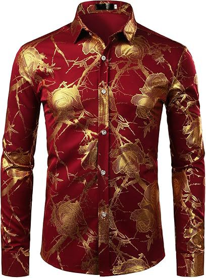 3D Golden Rose Print Slim Fit Long Sleeve Formal Wear Shirt