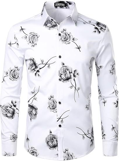 3D Golden Rose Print Slim Fit Long Sleeve Formal Wear Shirt