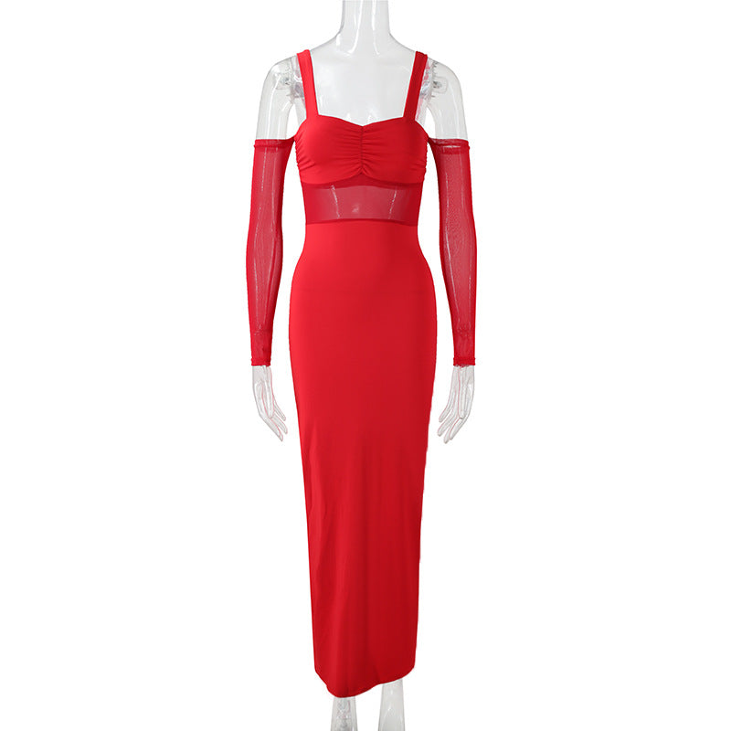 Women Clothing Sexy Spaghetti Straps Corset Slim Mesh Stitching Independent Sleeve Dress