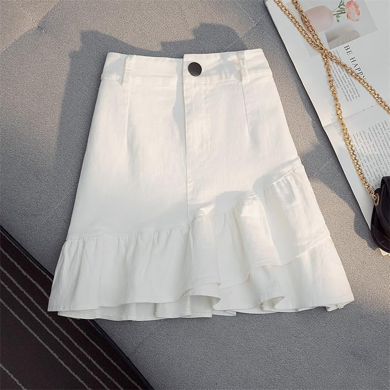 Skirt White Denim Irregular Ruffles