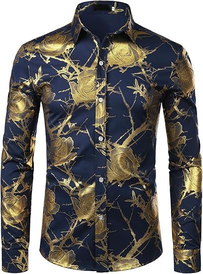 3D Golden Rose Print Slim Fit Long Sleeve Formal Wear Shirt