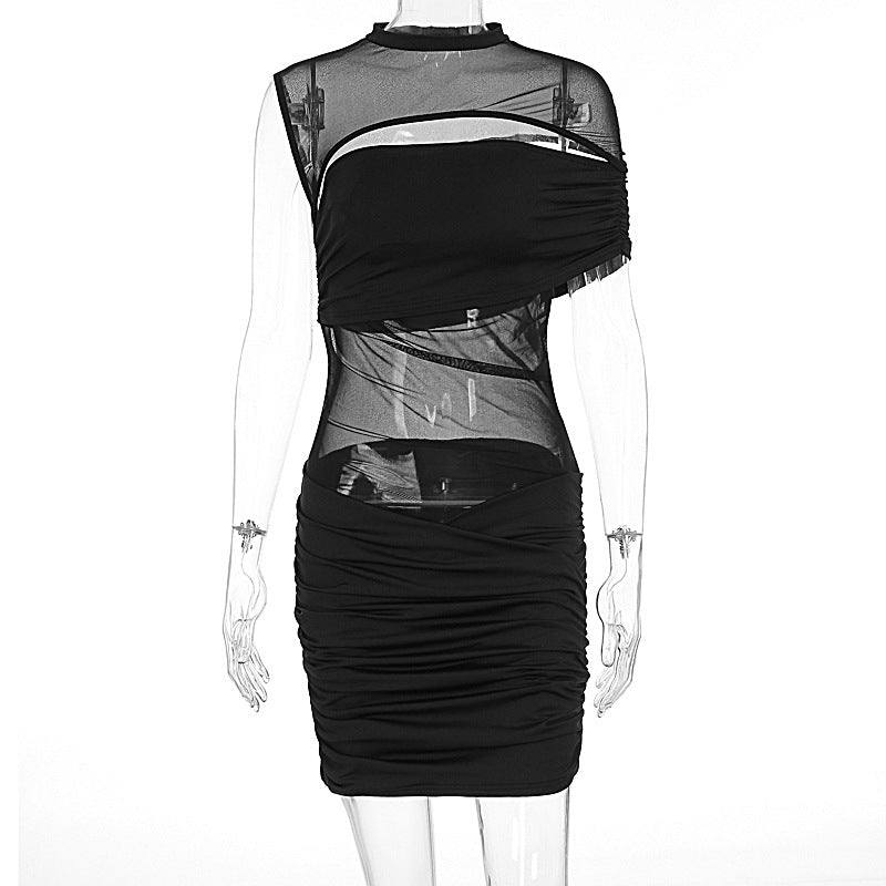 Women Stitching Sexy See through Shoulder Sleeveless Pleated Hip Dress