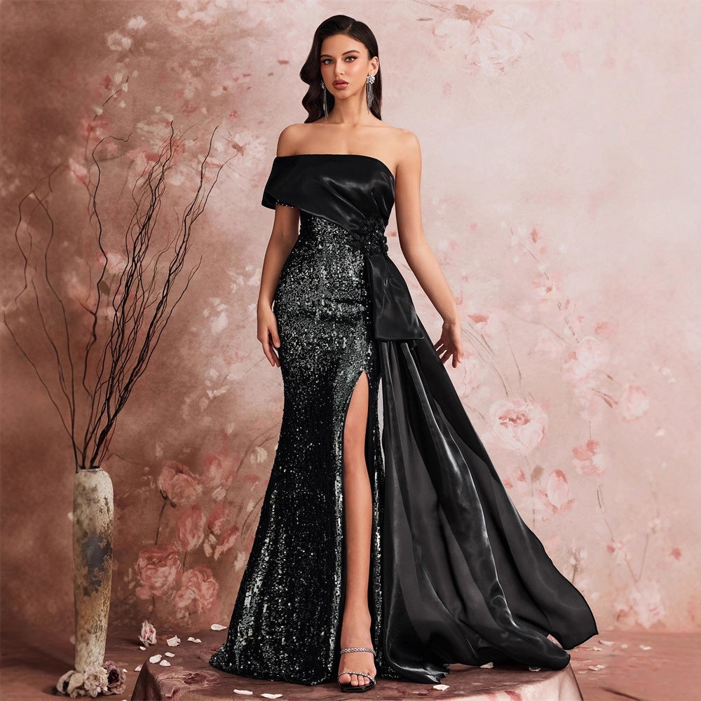 Elegant Sequin Stitching Fit Bandeau One Shoulder Cocktail Party Dinner Dress Bridesmaid Dress Women