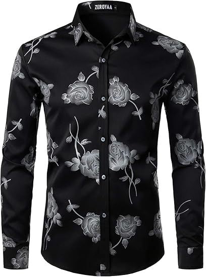 3D Golden Rose Print Slim Fit Long Sleeve Formal Wear Shirt