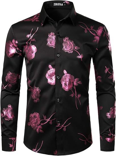 3D Golden Rose Print Slim Fit Long Sleeve Formal Wear Shirt