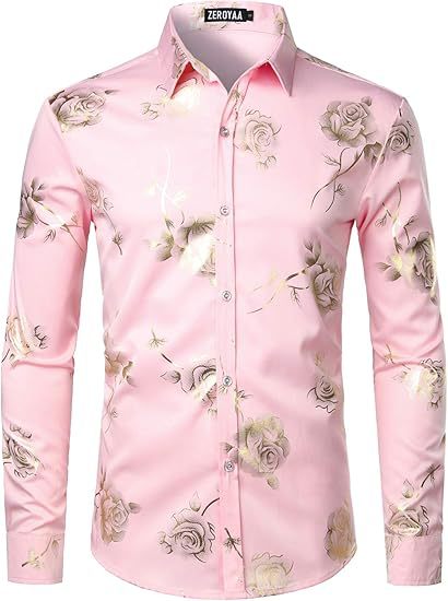 3D Golden Rose Print Slim Fit Long Sleeve Formal Wear Shirt