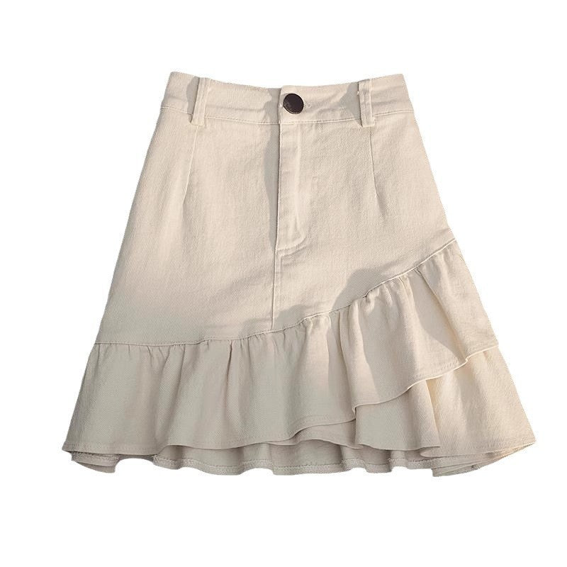 Skirt White Denim Irregular Ruffles