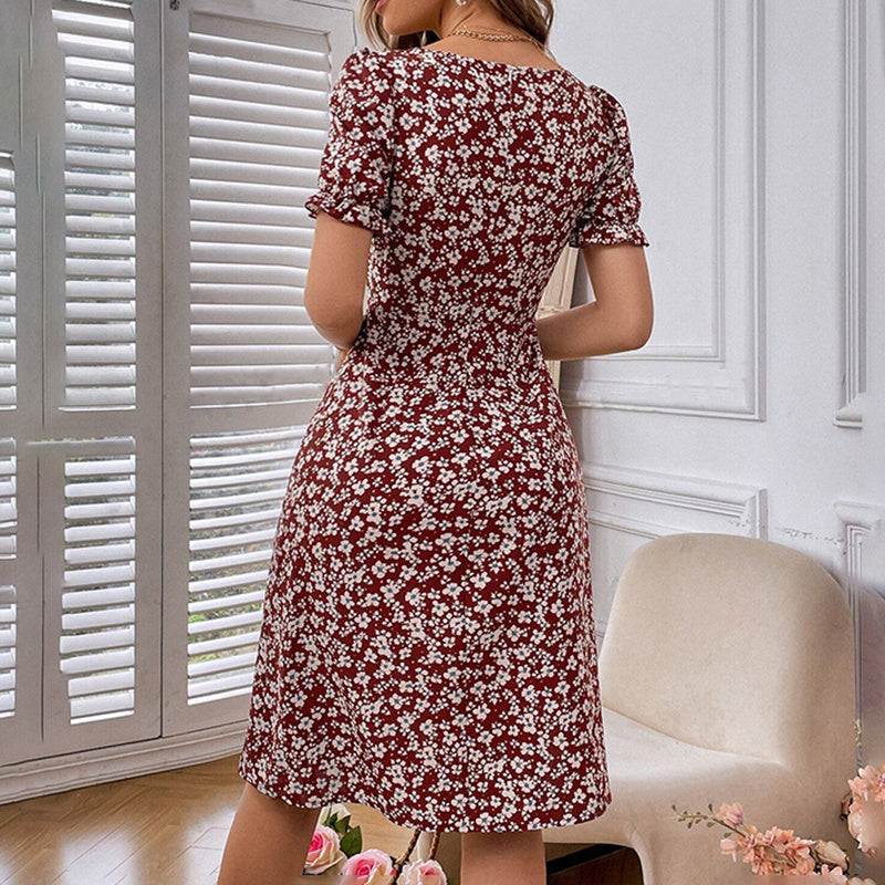 Women's Puff Sleeve Floral Midi Dress Elegant Square Neck Boho Side Split Dresses