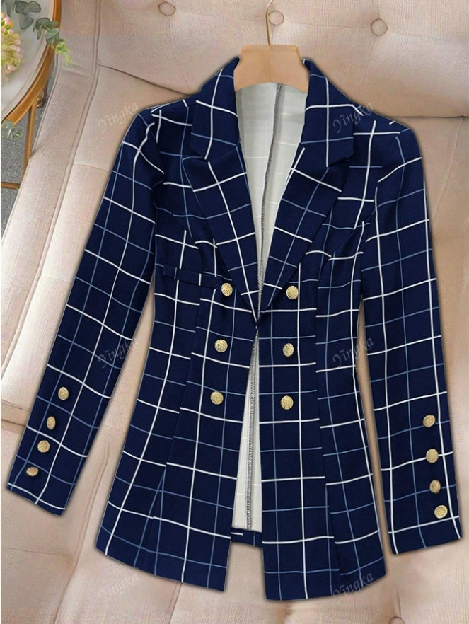 Women's Button Front Lapel Long Sleeve Plaid Casual Blazer