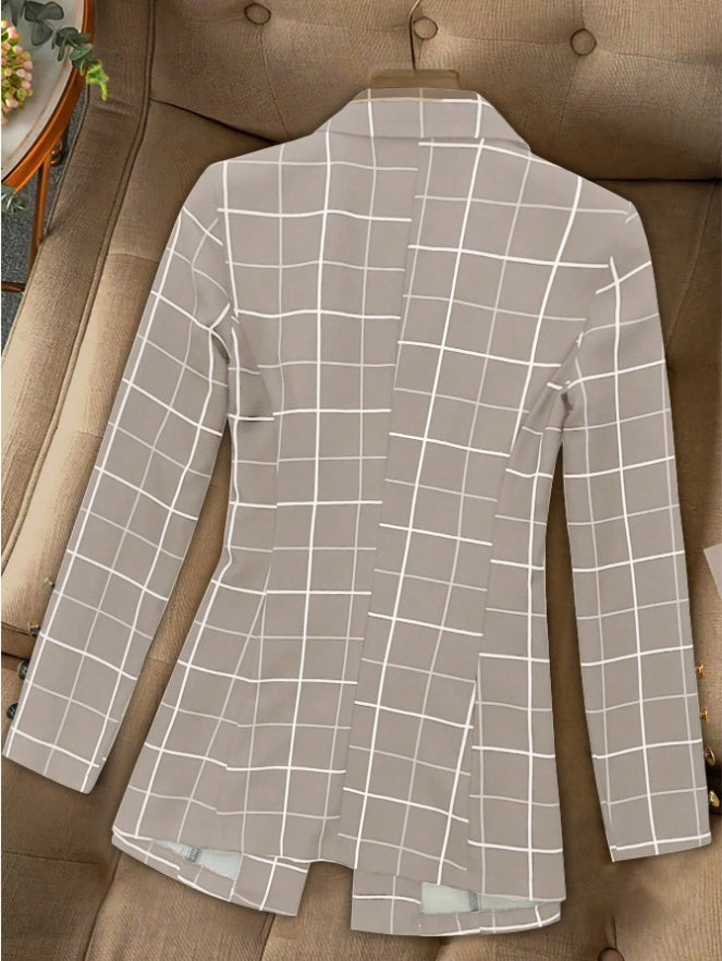 Women's Button Front Lapel Long Sleeve Plaid Casual Blazer