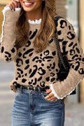 Leopard Lace Ribbed Trim Buttoned Cuff Sweater